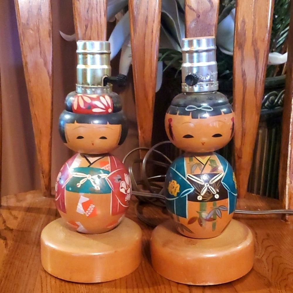 Vintage Girl & Boy Japanese Kokeshi doll Lamps